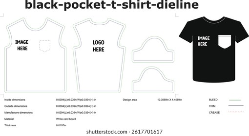Black pocket t shirt dieline template mockup for apparel design