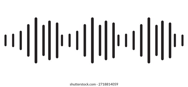 Padrões de ondas sonoras de podcast preto com barras de amplitude variável para visualização de áudio e interfaces de mídia. Linhas de frequência digital em bg branco para tocadores de música, aplicativos de gravação ou design de transmissão