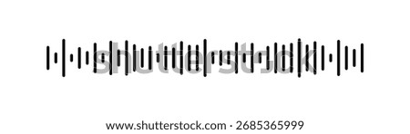 Black podcast sound wave patterns with varying amplitude bars for audio visualization and media interfaces. Digital frequency lines on white bg for music players, recording apps or broadcast design. 