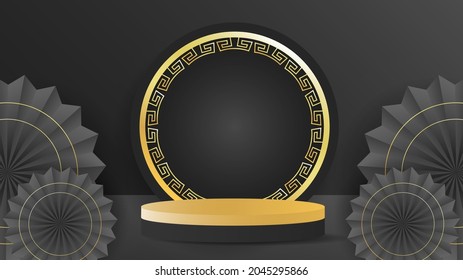 Plantilla de fondo de ilustración 3d de podio negro, con elementos asiáticos dorados sobre fondo de color negro, para contenido en línea en el nuevo año 2022, ilustración Vector EPS 10
