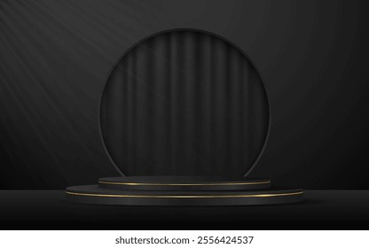Black podium with beautiful gold lines and black curtains in a circular window for displaying advertisements, Displaying cosmetic products. Stage or podium. Vector illustration	