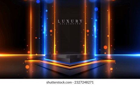 Black podium with blue and gold neon light effect with bokeh decoration moving around on dark scene. Futuristic background design, elegant style.