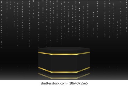 black podium and bokeh light in the dark room
