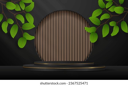El podio negro con fondo de lata marrón se sienta en una ventana circular y presenta hojas verdes para mostrar anuncios. Presentación de productos cosméticos. estadio o podio. ilustración vectorial	