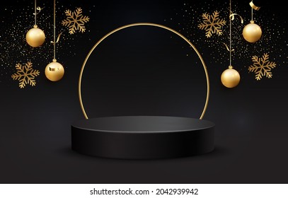 Black podium for Christmas display on black background. Realistic black pedestal on  Christmas background. Dark background.