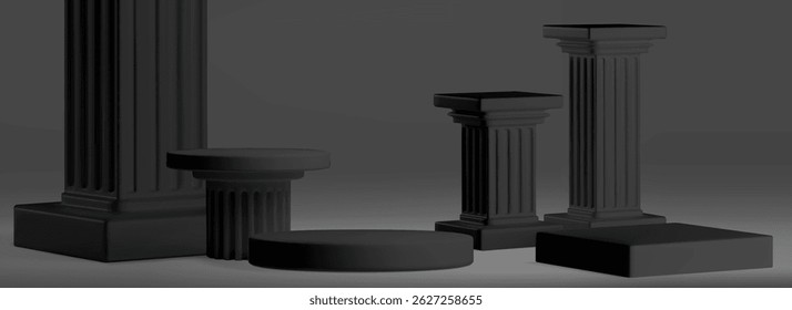 Black podium column set - square, round and rectangular pedestals of various heights. Classic architectural forms with fluted shafts, smooth tops and plinth bases. Monochrome 3d render on gray bg.