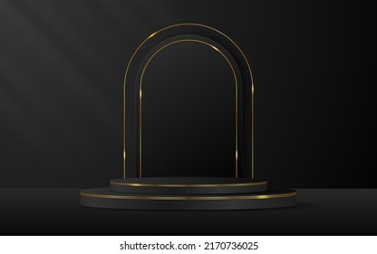 Black podium with black curved border and gold lines on the back for product presentation. Cosmetic product display. vector illustration
