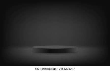 Black podium in the dark wall. Cylinder abstract minimal scene with geometric platform. Space for text. Space for selling products on the website. Business backdrop. Vector illustration.