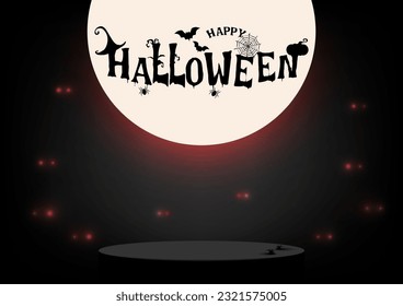 Black podium decoration with Halloween scenes, Moon, Spiders, and Eyes staring in the dark. Stage platform for display product, show, and sale. Halloween background. Vector illustration.