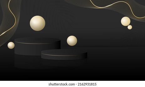 Black podium design with flying sphere design and waving lines in gold color design