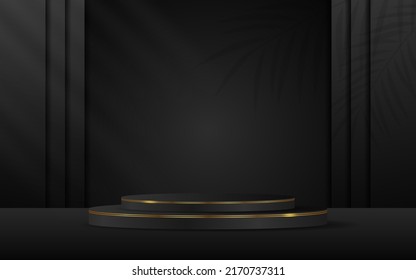 Black podium with elegant gold lines and leaf shadows on the back for product presentation. Cosmetic product display. vector illustration

