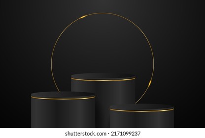 Podio negro con elegantes líneas de oro para la presentación de productos. Presentación de productos cosméticos. ilustración vectorial
