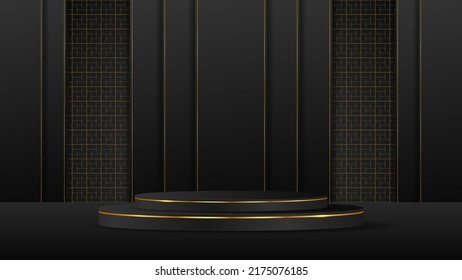 Black podium with elegant gold lines on the back for product presentation. Cosmetic product display. vector illustration
