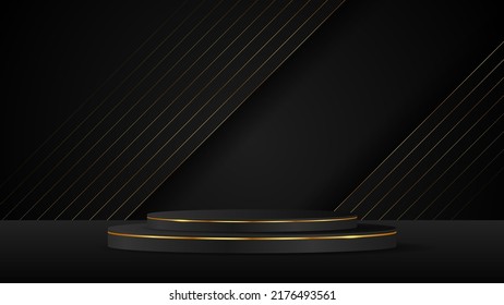Black podium with elegant gold lines for product presentation. Cosmetic product display. vector illustration
