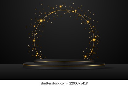 Black podium with elegant gold lines for product presentation. Cosmetic product display. vector illustration
