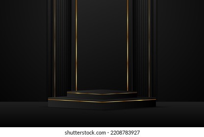 Black podium with elegant gold lines for product presentation. Cosmetic product display. vector illustration
