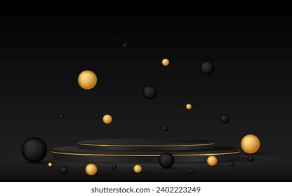 Black podium with elegant gold lines with black and gold balls around it for displaying advertisements. Exhibit cosmetic products. Stage or podium. Vector illustration	