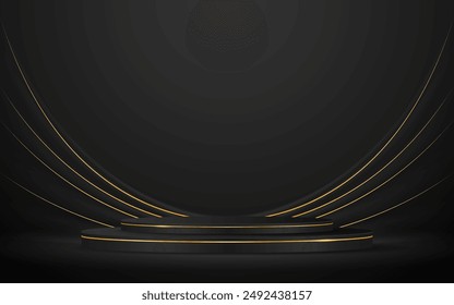 Podio negro con elegantes líneas doradas para los mejores premios o exhibición de productos. escenario o podio. Ilustración vectorial	