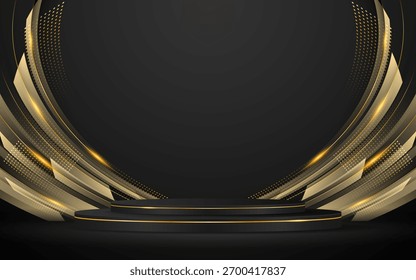 Podio negro con elegantes líneas doradas para los mejores premios o exhibición de productos. escenario o podio. Ilustración vectorial	