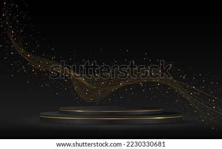 black podium with elegant gold lines on the back for product presentation. Cosmetic product display. vector illustration
