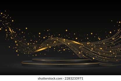 Black podium with elegant gold wave lines on the back for advertisement display. Display of cosmetic products. Stage or podium. vector illustration	