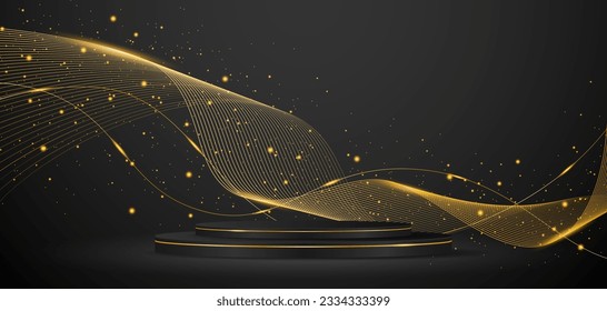 Black podium with elegant gold wave lines on the back for advertisement display. Display of cosmetic products. Stage or podium. vector illustration	