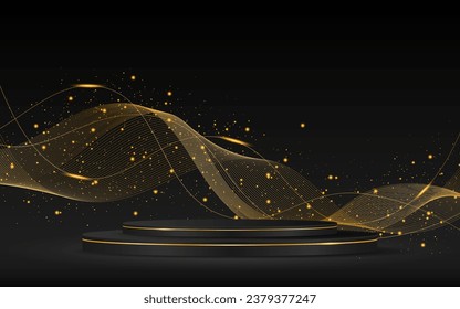 Black podium with elegant gold wave lines on the back for product presentation. Display of cosmetic products. Stage or podium. vector illustration	