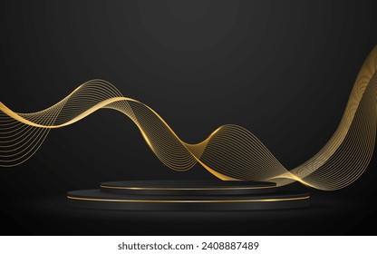 Black podium with elegant gold wave lines on the back for product presentation. Display of cosmetic products. Stage or podium. vector illustration	