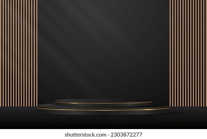 Schwarzes Podium mit eleganten goldenen Linien mit braunem Hintergrund für die Werbeausstellung. Darstellung kosmetischer Mittel. Bühne oder Podium. Vektorgrafik
