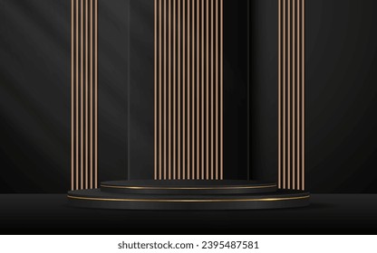 Black podium with elegant golden lines with brown slatted backdrop for advertisement display. Display of cosmetic products. stage or podium. vector illustration	