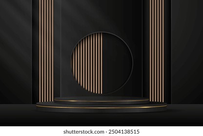 Black podium with elegant golden lines with brown slatted backdrop for advertisement display. Display of cosmetic products. stage or podium. vector illustration