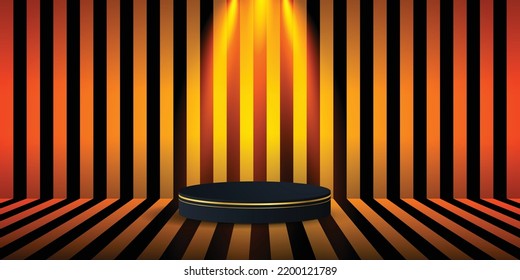 Black podium with gold border in Halloween stripe room.