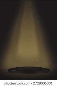 Un podio negro con un borde dorado y una iluminación superior. Una Plantilla para carteles, exhibiciones de productos, tarjetas de mercado, volantes, postales, etc.