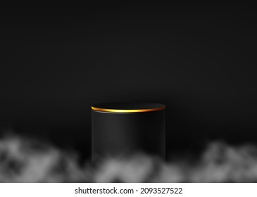 Black Podium With Gold Glitter On A Dark Background. Empty Cylindrical Plinth For Product Demonstration Surrounded By Smoke Or Fog, Stage With Platform Vector Mockup.