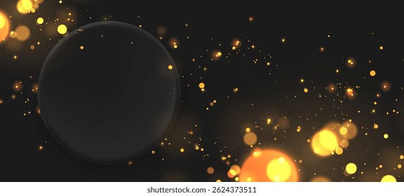 Black podium with gold glitter top view - pedestal round stage design with shiny blurred golden bokeh particles floating on dark background. Luxury holiday celebration or award ceremony 3d vector.
