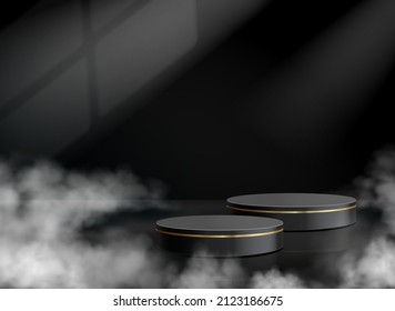 Black podium with gold line on a dark background. Empty cylindrical stage for product demonstration with smoke or fog, platform vector mockup.