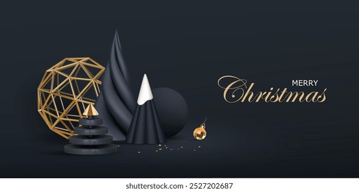 Black podium, black and gold Xmas decoration. Abstract Christmas trees in the form of cones and balls. 3d winter holiday decor in dark studio. Vector realistic illustration