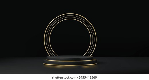 Black podium with golden arch and round pedestal stage for product display, vector showcase. Golden circle arch with shiny metal glow frame on round platform podium for luxury premium background