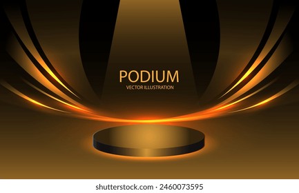 Black podium golden curve 3D stage for display product vector illustration.