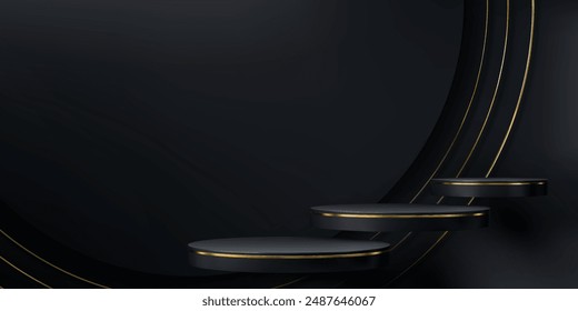 Black podium with golden frames. Realistic 3d vector floating round pedestal mockups. Elegant background with round platforms for promoting cosmetics products. Three elevated stages with gold borders