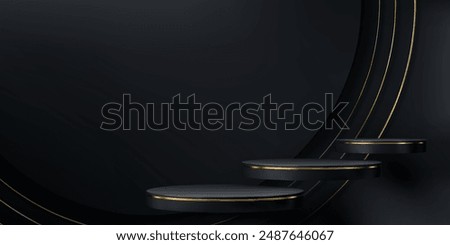 Black podium with golden frames. Realistic 3d vector floating round pedestal mockups. Elegant background with round platforms for promoting cosmetics products. Three elevated stages with gold borders