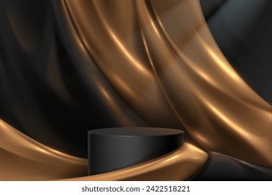 Black podium with golden textile background
