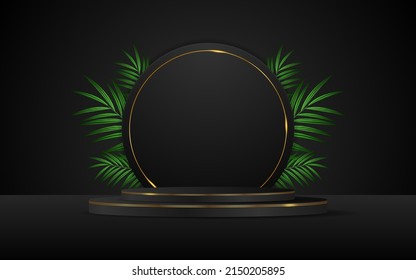 Black podium has a black round shape and gold lines and green leaf on the back for product presentation. Cosmetic product display. vector illustration