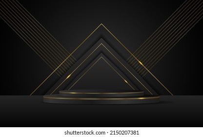 Black podium has a black triangular shape and a gold line on the back for product presentation. Cosmetic product display. vector illustration