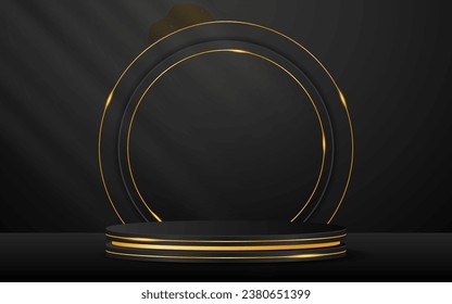 El podio negro tiene una forma redondeada blanca y unas líneas doradas elegantes en la parte posterior para la exposición publicitaria. Presentación de productos cosméticos. Etapa o podio. ilustración vectorial	