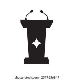 Black podium with microphone or pulpit with mic, speech tribute or stand. speech on a podium stage with a mic microphone laptop. Press and debate, journalism and politics, public interviews and media.