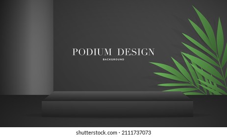 Black  Podium and minimal abstract background with palm tree , 3D stage podium display product , stand to show cosmetic products ,illustration 3d Vector EPS 10