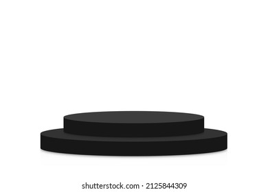 Black podium mockup in circle shape. Empty black stage and pedestal mockup on white background. Round podium, stand and platform for award ceremony and product presentation. Vector