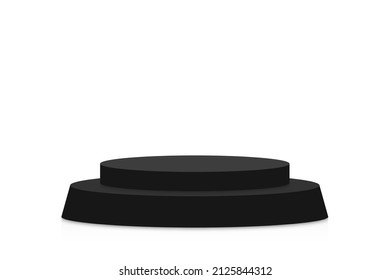 Black podium mockup in circle shape. Empty black stage and pedestal mockup on white background. Round podium, stand and platform for award ceremony and product presentation. Vector