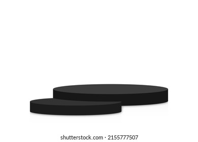 Black podium mockup in circle shape. Empty black stage and pedestal mockup on white background. Round podium, stand and platform for award ceremony and product presentation. Vector